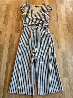 Striped Wide-Leg Jumpsuit - Blue and White tie back